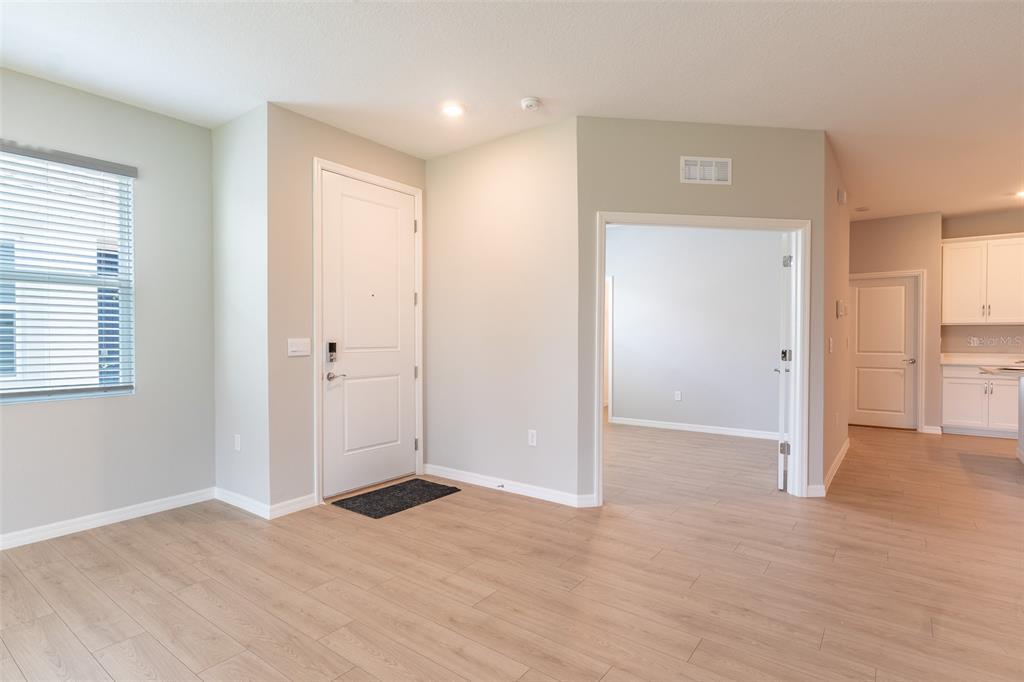 An entryway with light wood-look flooring, a white front door, and an adjacent office space — 4005 WESTWOOD FIELDS LOOP, PLANT CITY, FL