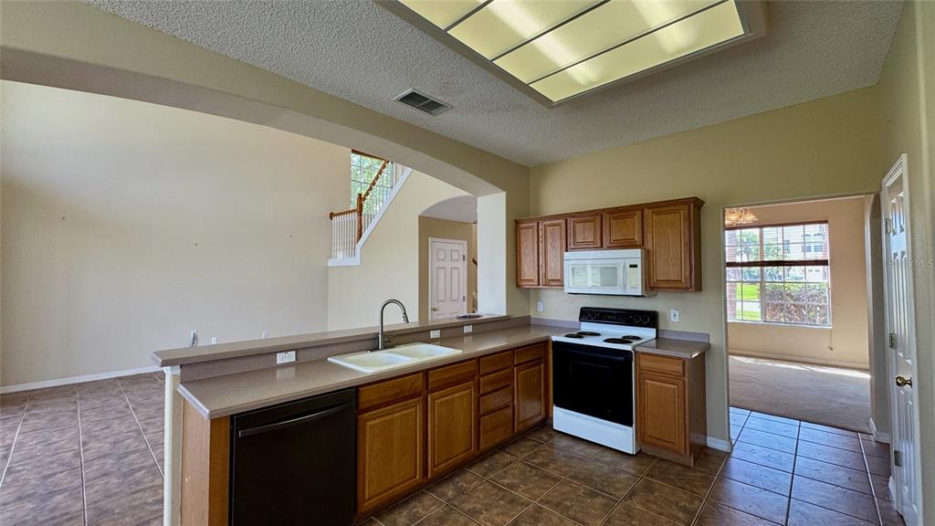 A kitchen with oak cabinets, a white stove, and a double sink overlooks an open area — 2119 PUTTER PLACE, KISSIMMEE, FL