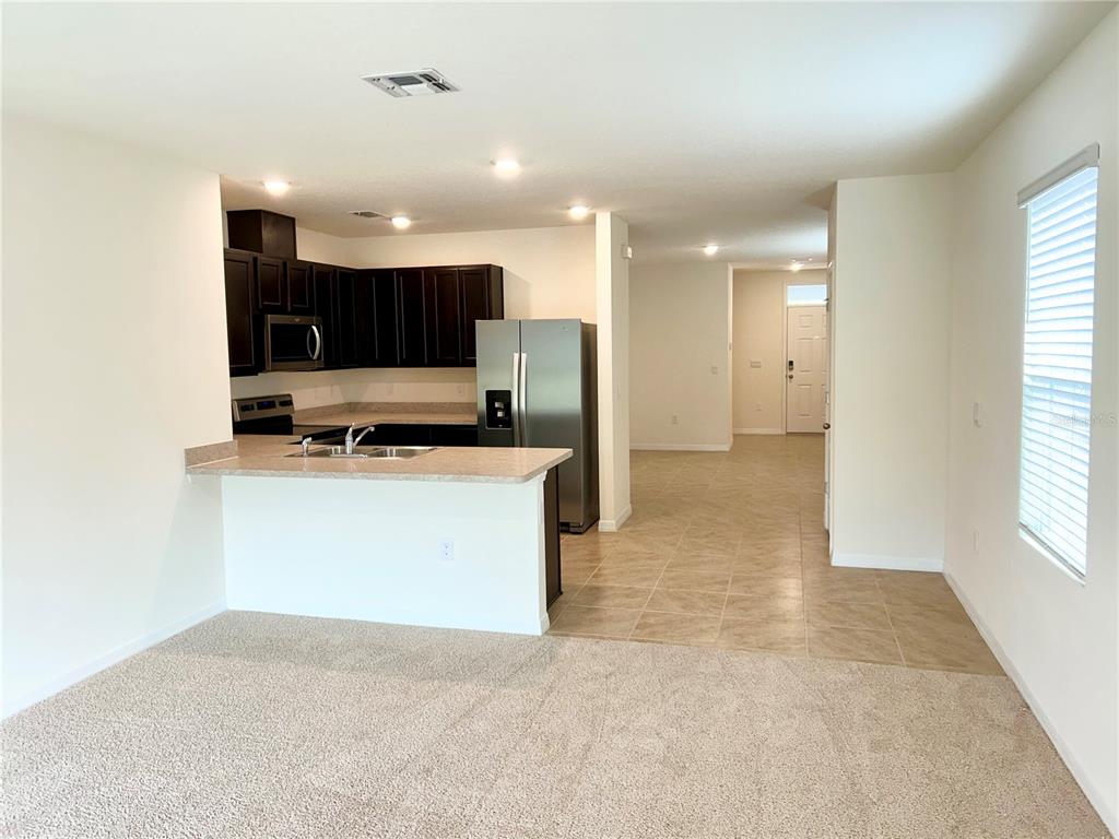 A kitchen with dark cabinets and stainless steel appliances overlooks a carpeted living area — 3349 COSTELLO CIRCLE, WINTER HAVEN, FL