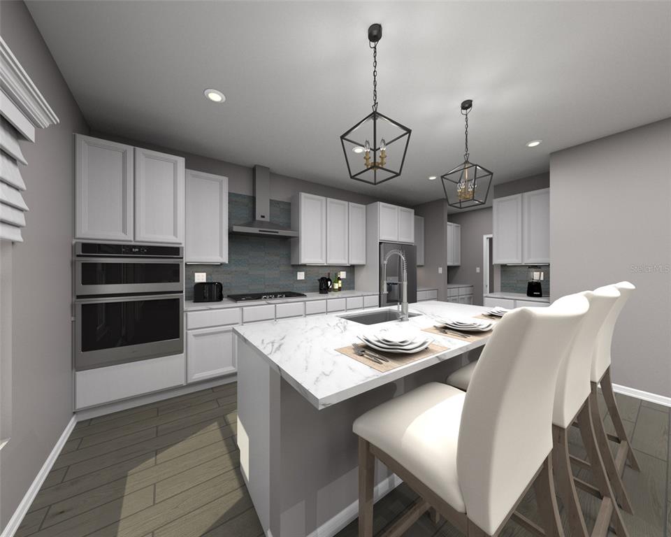 This is a rendering of a modern kitchen featuring white cabinets, marble countertops, and an island — 121 SHADY EDGE LOOP, NOKOMIS, FL