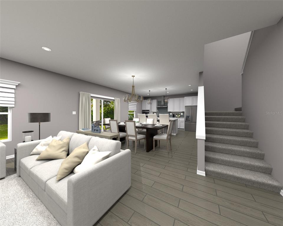 This is a digital rendering of an open-concept living room, dining area, and kitchen — 121 SHADY EDGE LOOP, NOKOMIS, FL
