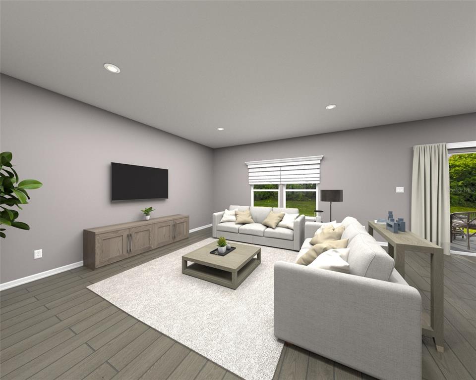 This is a digital rendering of a living room with gray walls, wood flooring, and furniture — 121 SHADY EDGE LOOP, NOKOMIS, FL