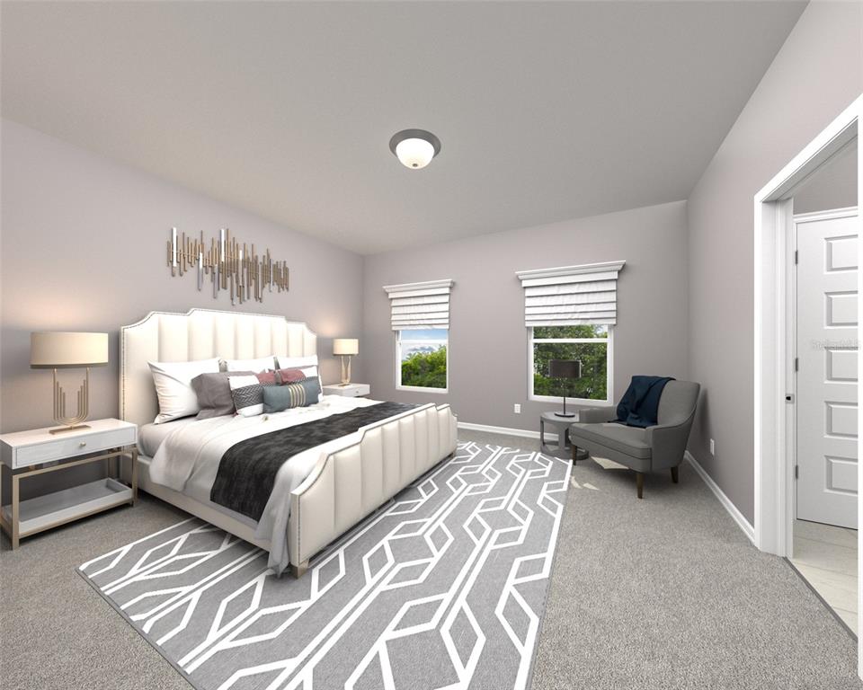 This is a digital rendering of a modern bedroom featuring a bed, rug, and windows — 121 SHADY EDGE LOOP, NOKOMIS, FL