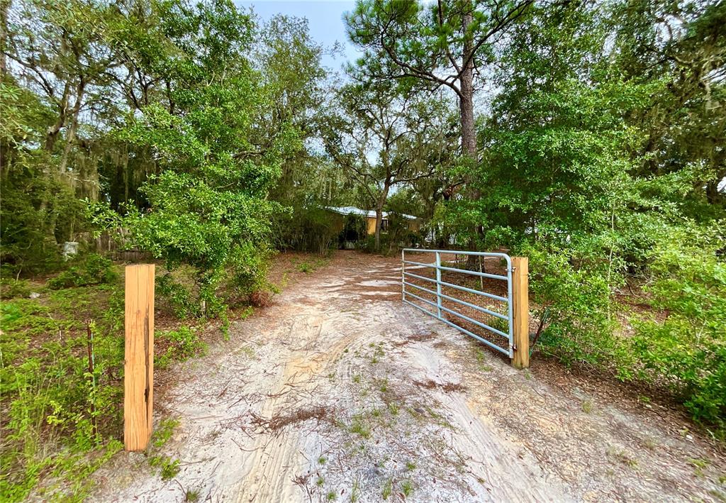 A metal gate opens onto a sandy driveway leading toward a house obscured by trees — 5816 BRYCE STREET, KEYSTONE HEIGHTS, FL