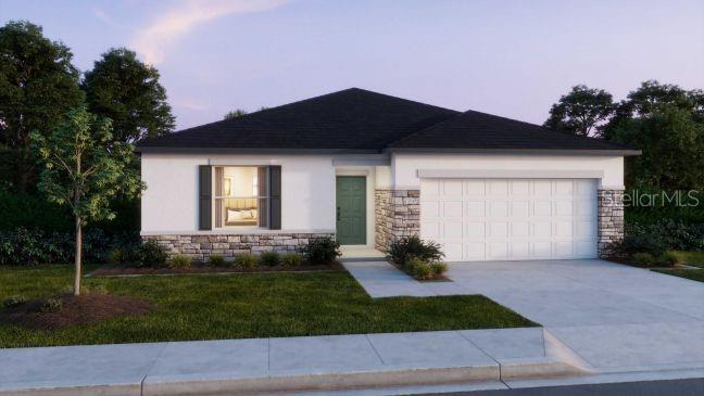 This is a rendering of a single-story house with a white exterior, stone accents, and garage — 16849 NW 176TH WAY, ALACHUA, FL