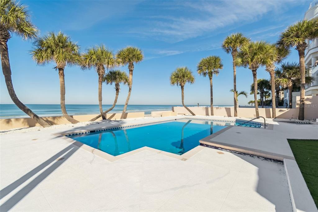 An outdoor swimming pool with a spa overlooks the ocean, surrounded by palm trees — 1520 GULF BOULEVARD, BELLEAIR BEACH, FL