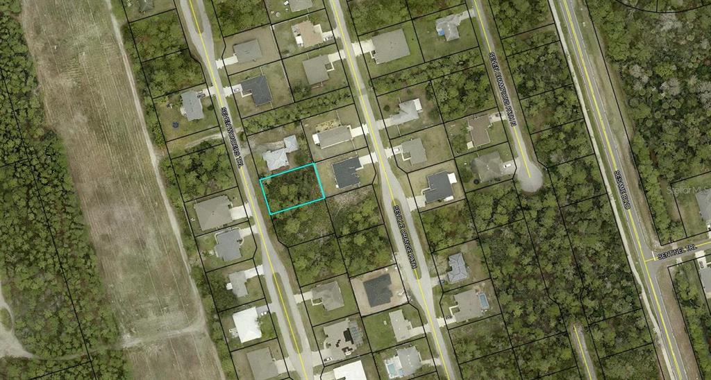 This is an aerial map view of a vacant residential lot outlined in blue — 35 SEVEN WONDERS TRAIL, PALM COAST, FL