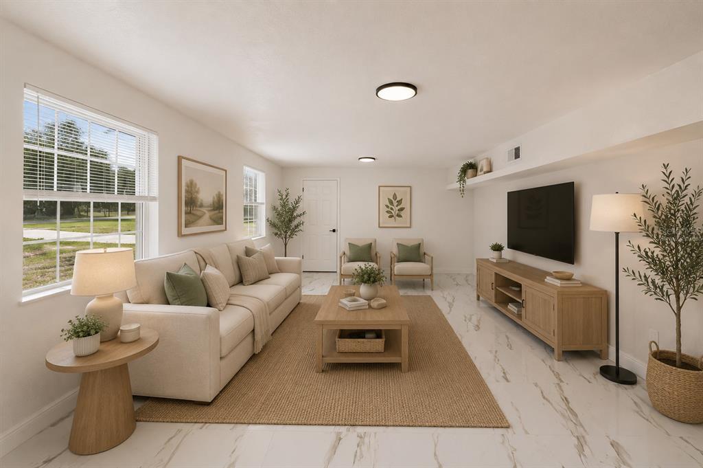 This is a digital rendering of a living room with light furniture and marble floors — 1602 S TANNER ROAD, ORLANDO, FL