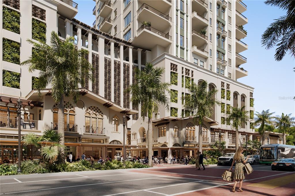 This architectural rendering shows a multi-story building with ground-level retail, outdoor seating, and palm trees — 65 S PALM AVENUE UNIT 804, SARASOTA, FL