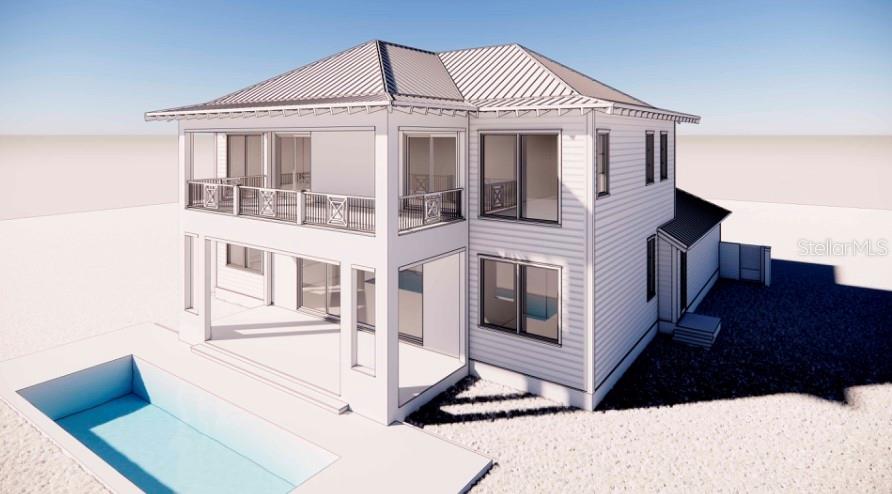 A digital rendering of a two-story house exterior featuring a balcony, patio, and swimming pool — 5575 S ATLANTIC AVENUE, NEW SMYRNA BEACH, FL