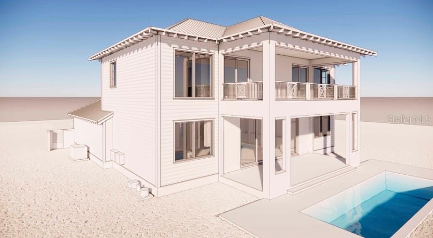 This is a digital rendering of a two-story house exterior featuring a balcony and pool — 5575 S ATLANTIC AVENUE, NEW SMYRNA BEACH, FL