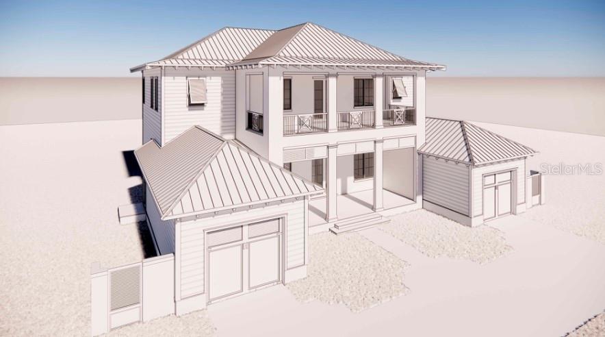 This is a digital architectural rendering of a two-story house with a metal roof — 5575 S ATLANTIC AVENUE, NEW SMYRNA BEACH, FL
