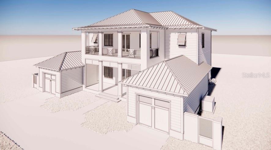 This is a digital rendering of a two-story house with a metal roof and garages — 5575 S ATLANTIC AVENUE, NEW SMYRNA BEACH, FL