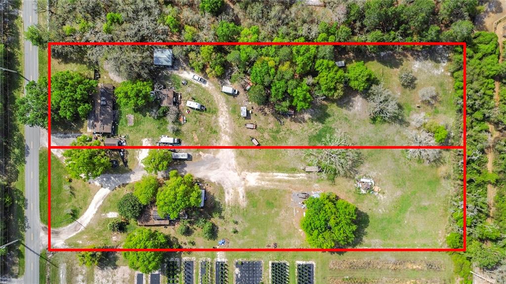 An aerial view shows two adjacent rectangular lots with houses, trees, and dirt driveways — 2360 ABSHER ROAD, ST CLOUD, FL