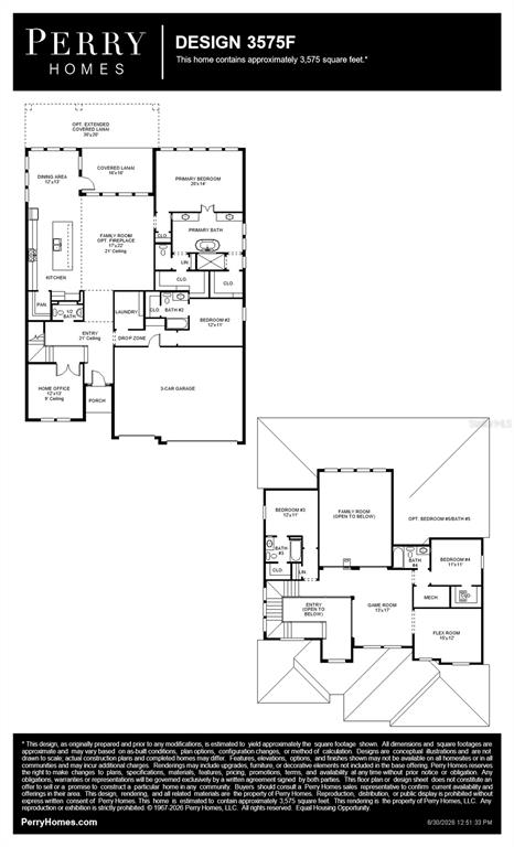 This floor plan shows a two-story home design with a three-car garage and multiple bedrooms — 8009 ROLL TIDE TERRACE, PARRISH, FL