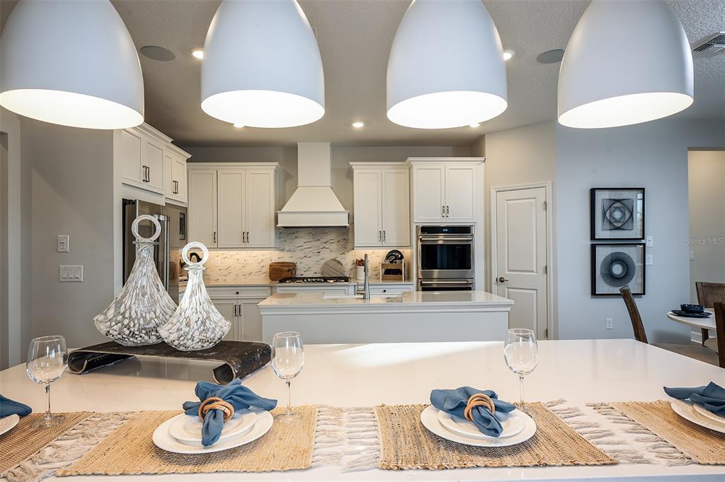 A modern kitchen features white cabinetry, a blue-accented island, and stainless steel appliances — 19326 LOCHSIDE LANE, MOUNT DORA, FL
