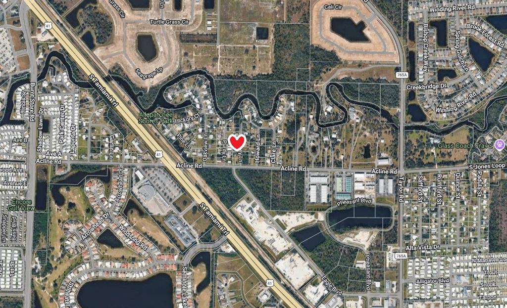 This is a satellite map showing a residential area near Acline Road and Tamiami Trail — 5905 GREY LANE, PUNTA GORDA, FL