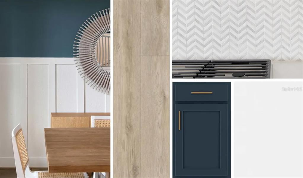 This image is a design mood board featuring wood flooring, navy cabinets, and tile samples — 13321 LUSH LIME ALLEY, WINDERMERE, FL