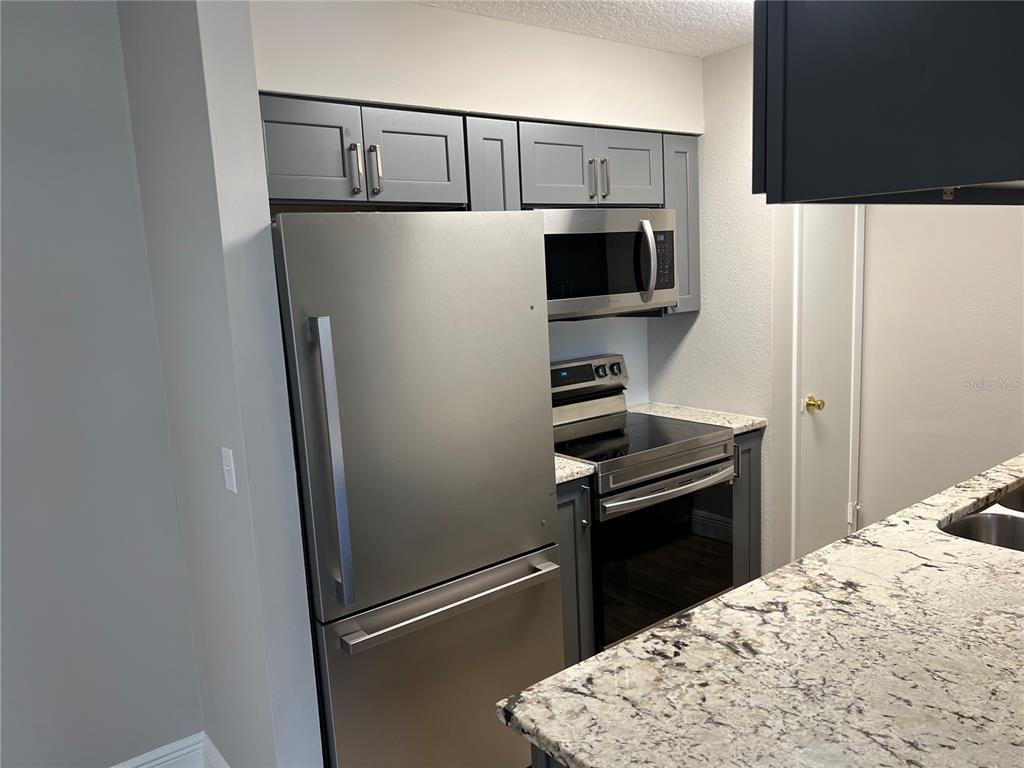 A kitchen features stainless steel appliances, gray cabinets, and speckled granite countertops — 208 RED CEDAR PLACE UNIT 208, BRANDON, FL