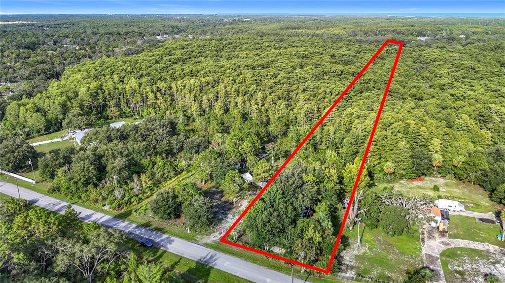 An aerial view shows a rectangular plot of land outlined in red amidst dense forest — 0 THOMAS BOULEVARD, HUDSON, FL