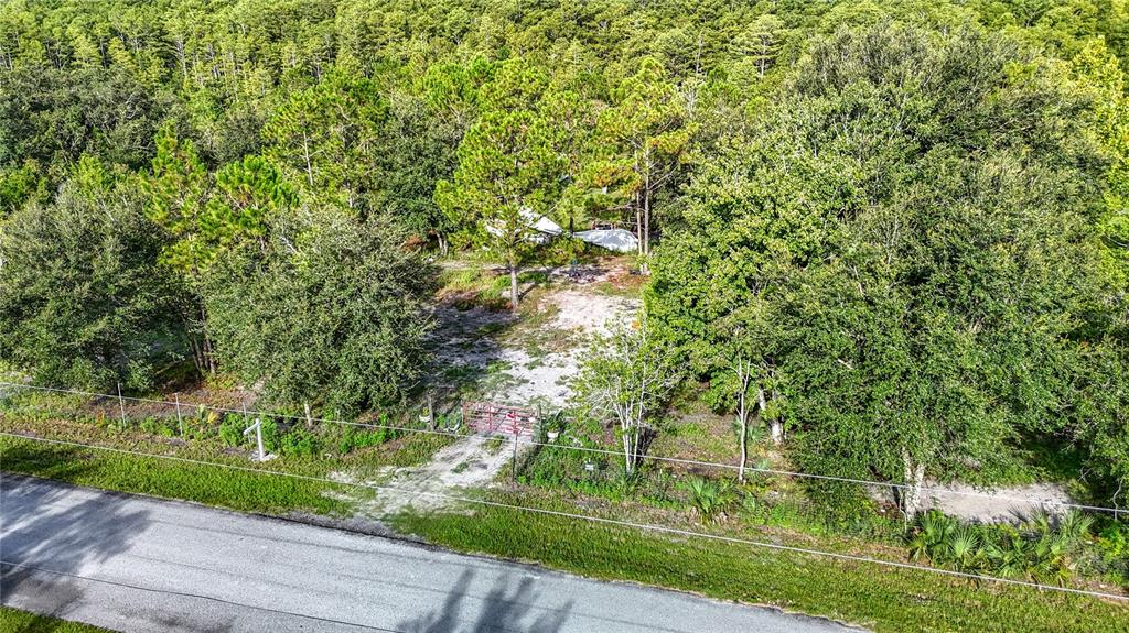 An aerial view shows a gated dirt driveway leading to a clearing surrounded by dense trees — 0 THOMAS BOULEVARD, HUDSON, FL