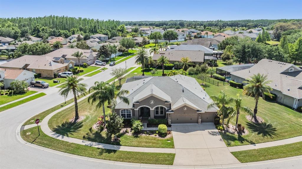 An aerial view shows a single-story suburban house with a driveway and palm trees — 8721 CRYSTAL CREEK COURT, LAND O LAKES, FL