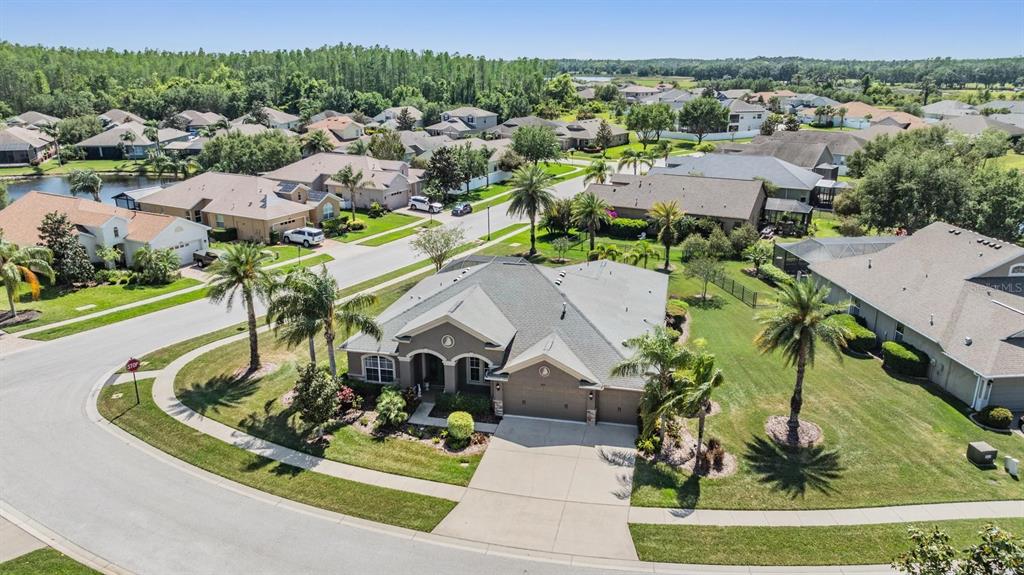 An aerial view shows a suburban house with a gray roof and driveway — 8721 CRYSTAL CREEK COURT, LAND O LAKES, FL