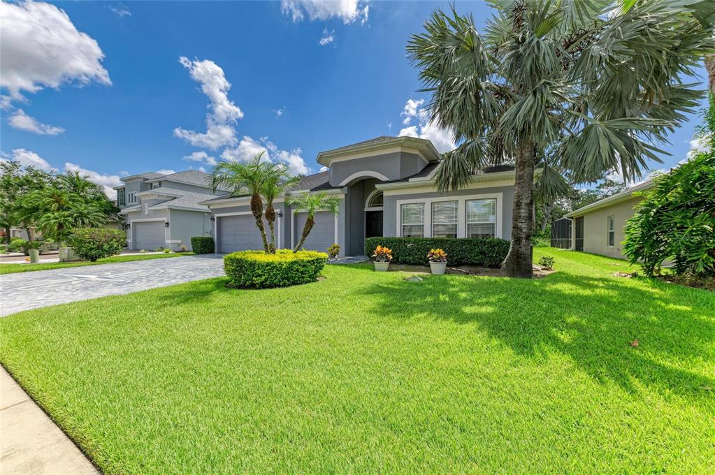 A gray single-story house with a paved driveway, palm trees, and a manicured green lawn — 7812 115TH AVENUE E, PARRISH, FL