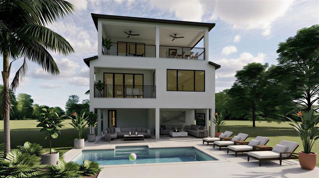 This is a rendering of the rear exterior of a three-story house with a pool — 4903 COMMONWEALTH DRIVE, SARASOTA, FL