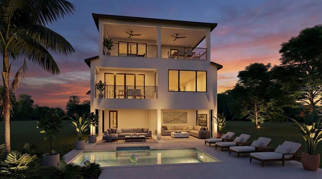 This rendering shows the exterior of a three-story house with balconies, a pool, and patio — 4903 COMMONWEALTH DRIVE, SARASOTA, FL