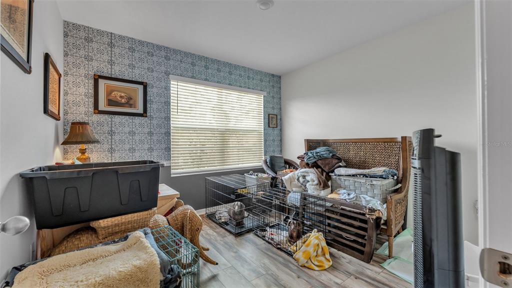 A room with patterned wallpaper, wood-look flooring, and several animal crates containing pets — 3612 DIVING DOVE LANE, BARTOW, FL