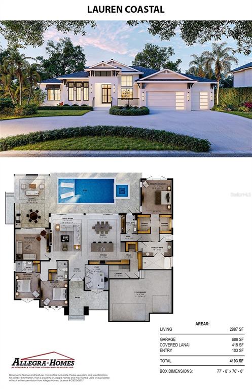 This is a rendering and floor plan for a single-story house with a pool — 332 BOB WHITE WAY, SARASOTA, FL