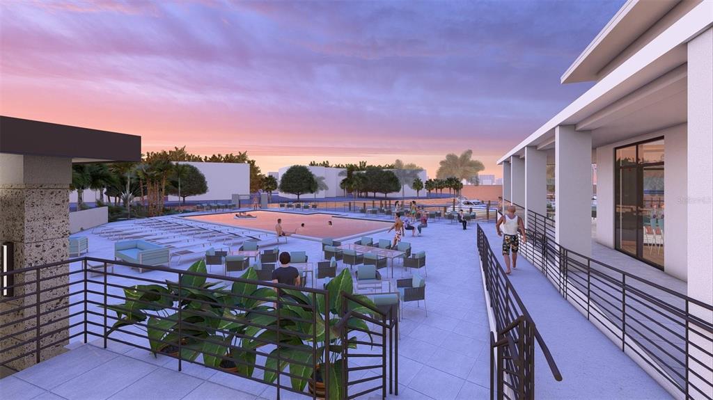 This architectural rendering shows an outdoor pool deck with lounge seating and a covered walkway — 332 BOB WHITE WAY, SARASOTA, FL