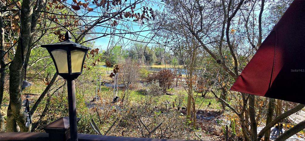 A view of a backyard garden and pond from a deck with a lamp post — 14820 COUNTY ROAD 48, ASTATULA, FL