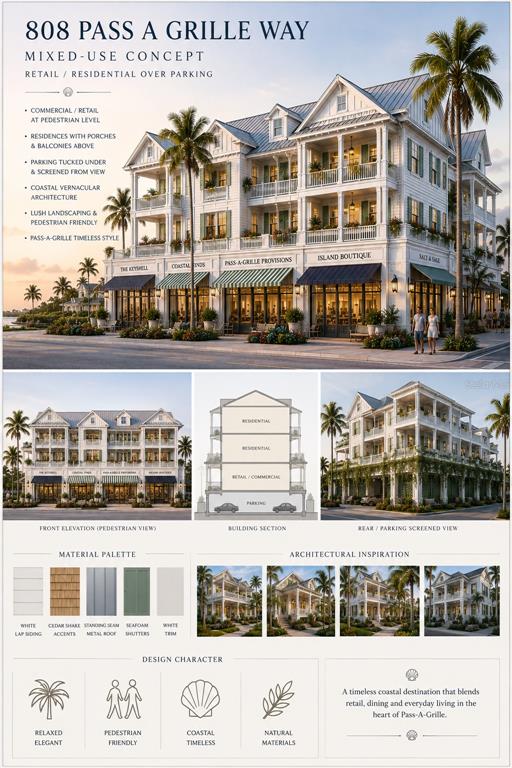 This architectural rendering shows a three-story mixed-use building with ground-floor retail and upper-level residential balconies — 808 PASS A GRILLE WAY, ST PETE BEACH, FL
