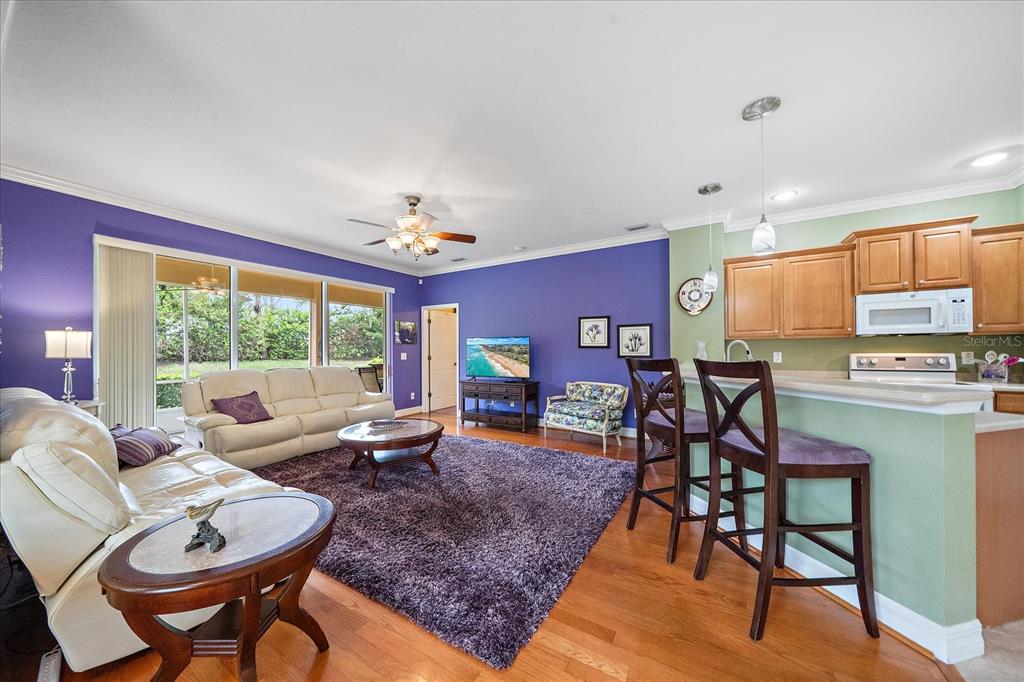 A living room with purple walls, a white sofa, and a kitchen breakfast bar — 11547 52ND COURT E, PARRISH, FL