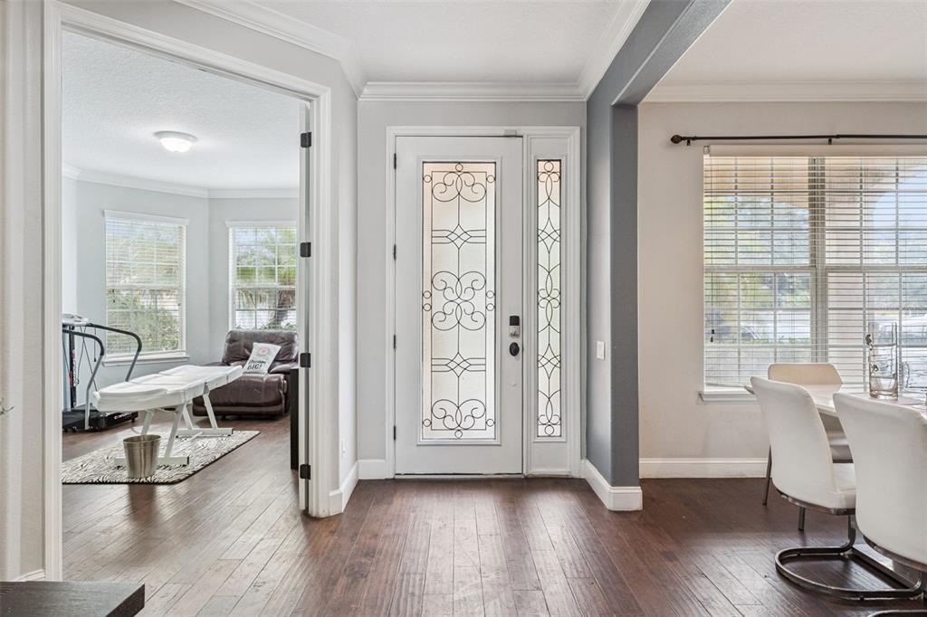 An entryway features a white front door with decorative glass, dark wood flooring, and gray walls — 13339 ROSKIN LANE, WINDERMERE, FL