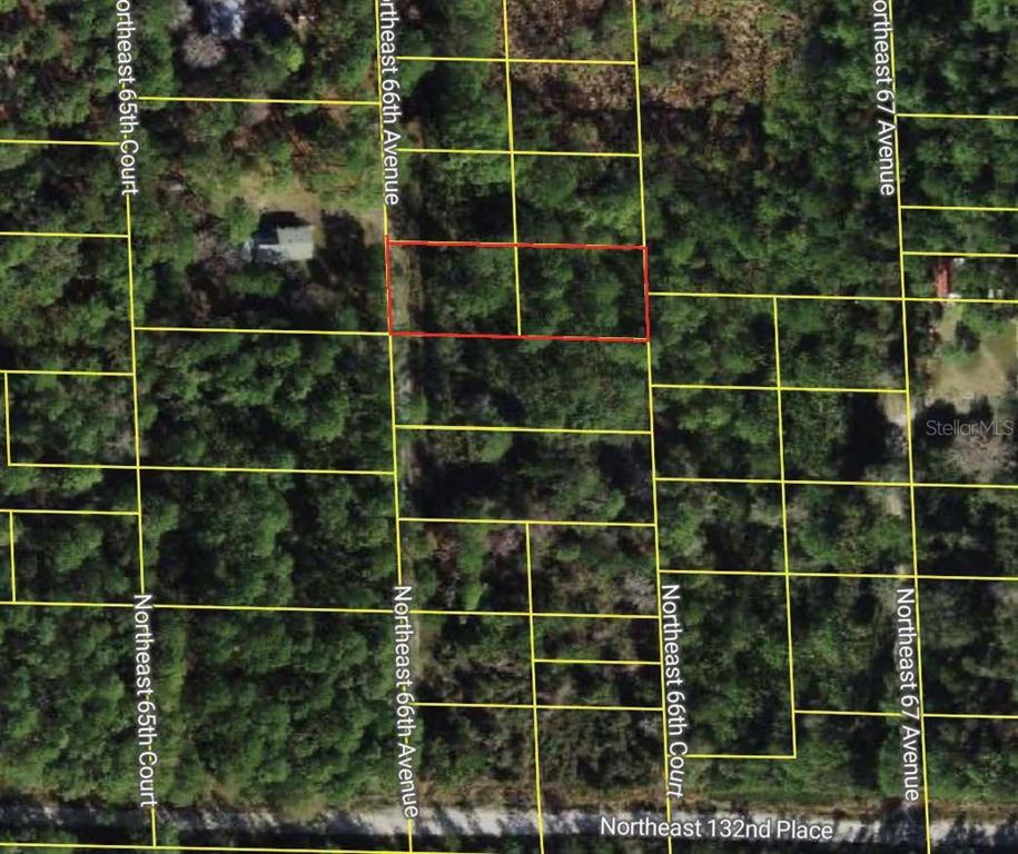 This is an aerial map showing a rectangular plot of land outlined in red — NE 66TH AVENUE, CITRA, FL