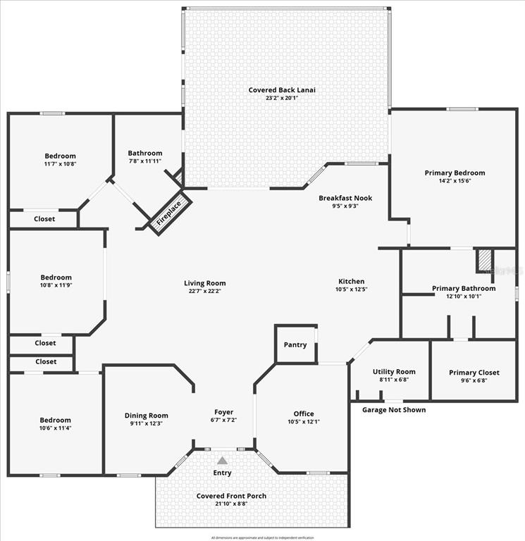This is a floor plan of a single-story house with three bedrooms and an office — 1830 ORANGE TREE DRIVE, EDGEWATER, FL