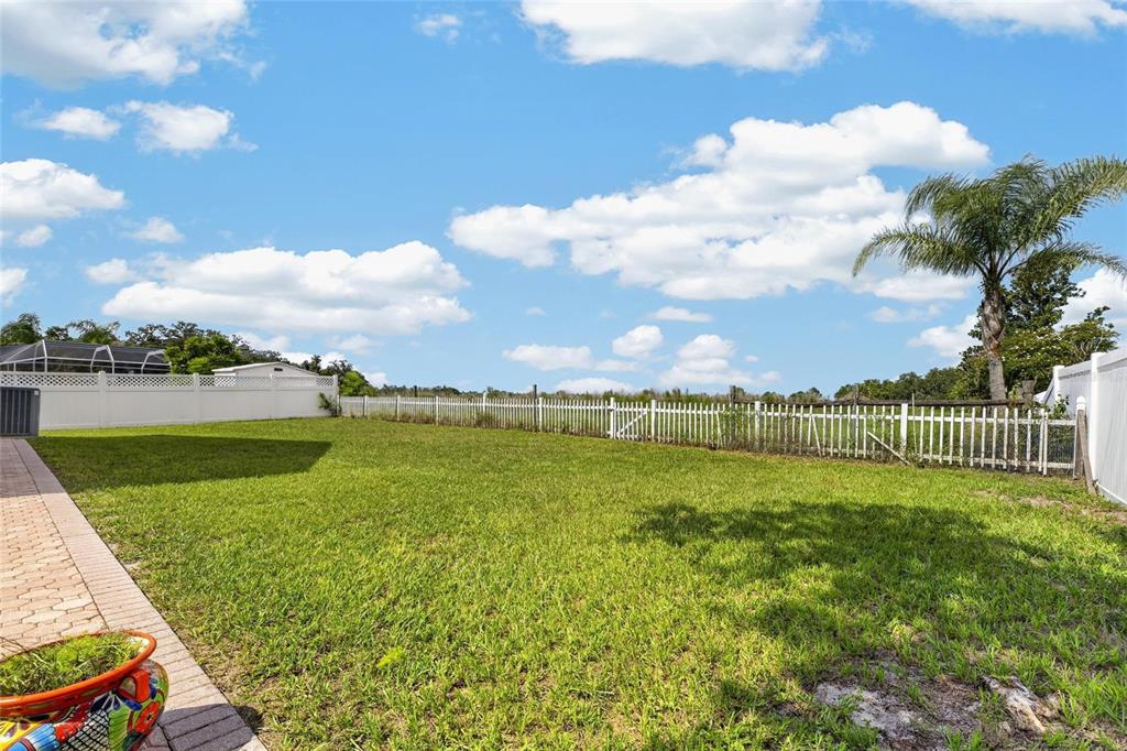 A grassy backyard features a brick paver patio, a white fence, and a palm tree — 10303 TARRAGON DRIVE, RIVERVIEW, FL