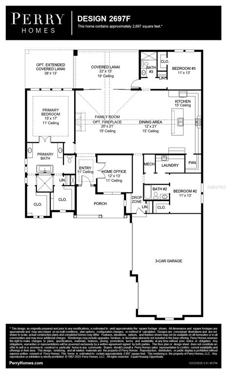 This is a floor plan for a single-story home featuring three bedrooms, a home office, and a three-car garage — 4976 ELM LEAF DRIVE, BROOKSVILLE, FL