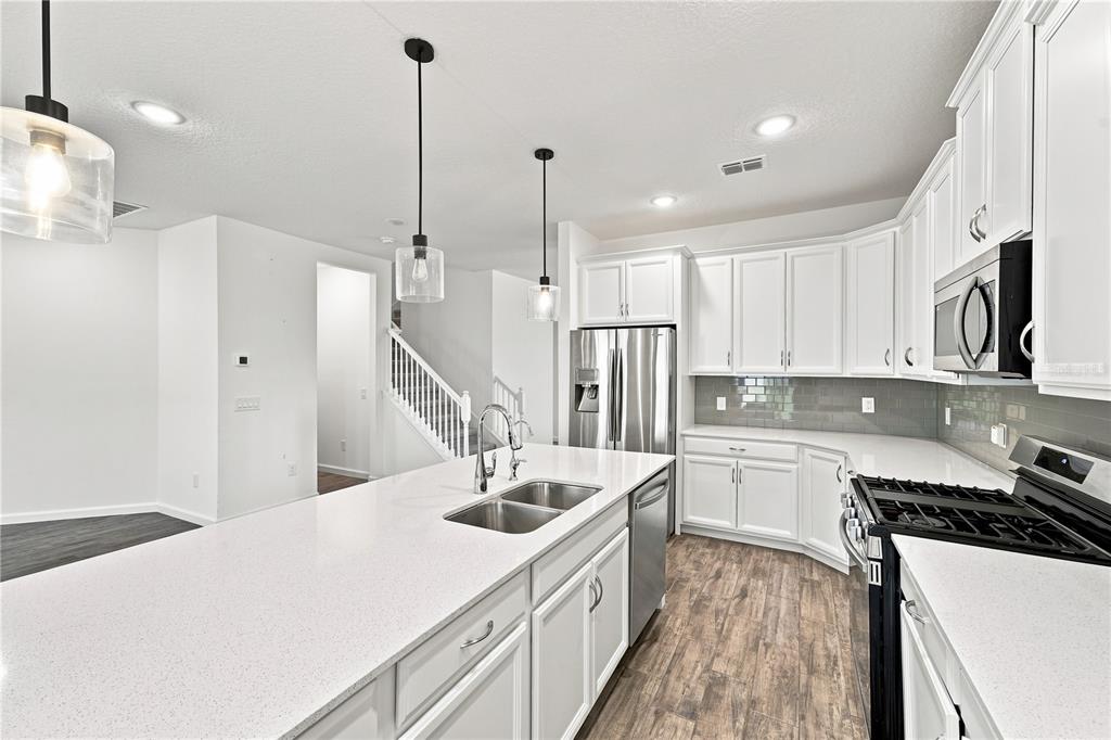 A modern kitchen features white cabinets, a large quartz island, stainless steel appliances, and wood-look flooring — 2463 NATOMA BOULEVARD, MOUNT DORA, FL