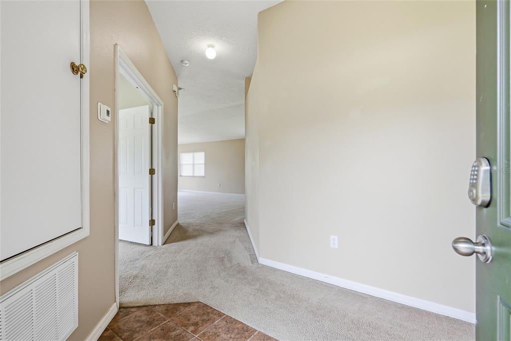 A view from an entryway showing a carpeted hallway, a doorway, and beige walls — 25928 CRIPPEN DRIVE, LAND O LAKES, FL