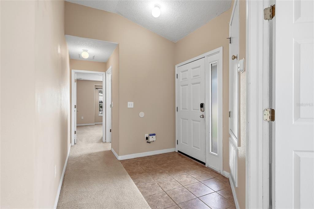 An entryway features tiled flooring, a white front door, and a carpeted hallway leading inside — 25928 CRIPPEN DRIVE, LAND O LAKES, FL