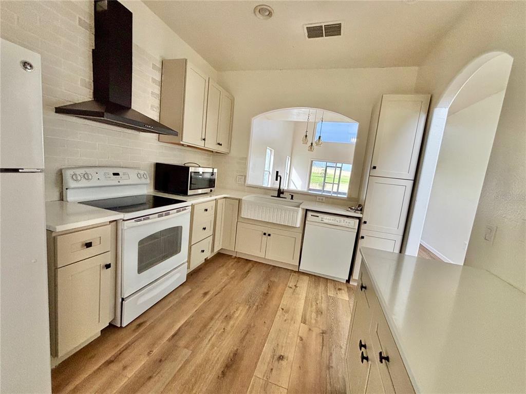 A kitchen features white cabinets, a farmhouse sink, stainless steel appliances, and wood-look flooring — 13229 CANNA LILY DRIVE, ORLANDO, FL
