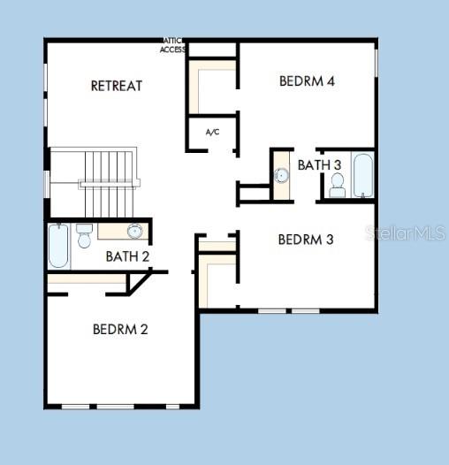 This is a floor plan showing the layout of an upper level with three bedrooms, two bathrooms, and a retreat — 2786 SOLETA VIEW, ODESSA, FL
