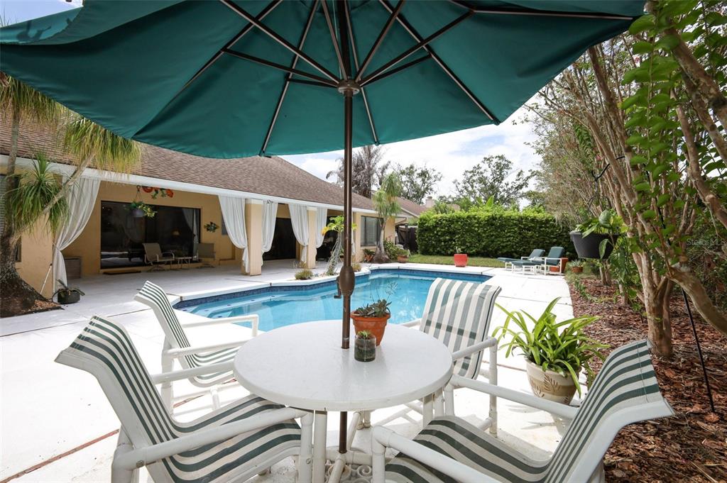 A patio with a pool, a dining set under a teal umbrella, and white curtains — 4661 N SAINT BRIDES CIRCLE, ORLANDO, FL