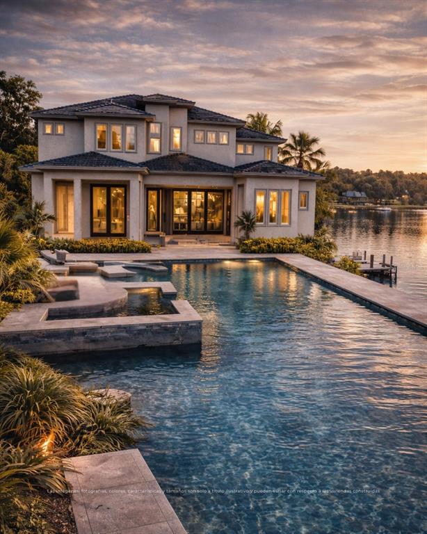 This is a rendering of a two-story house with a pool overlooking a lake — 1330 LAKE OLIVIA, WINDERMERE, FL