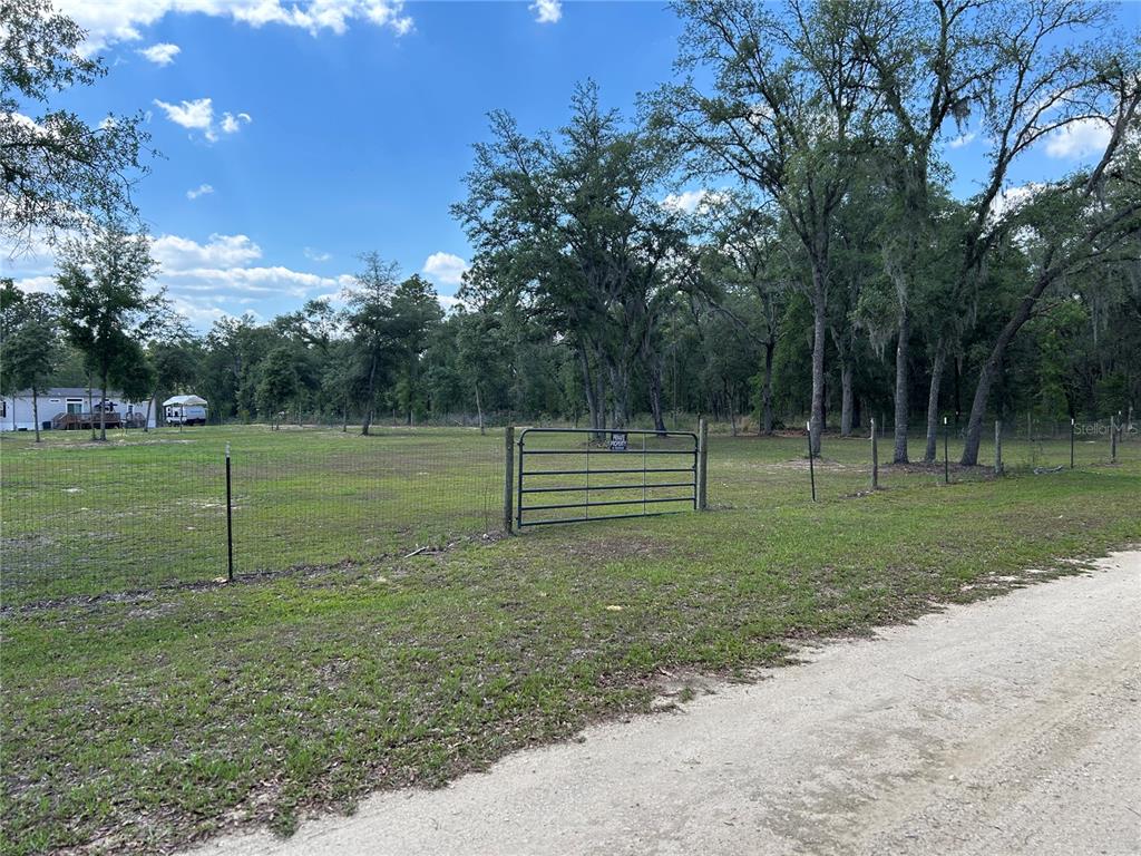 A fenced, grassy lot with a metal gate and trees under a blue sky — TBD NE 123RD AVENUE, WILLISTON, FL