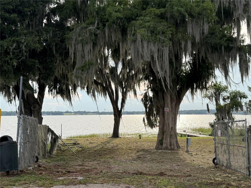 A grassy lot with large Spanish moss-covered trees overlooks a lake behind a chain-link fence — 12703 CR-48, ASTATULA, FL